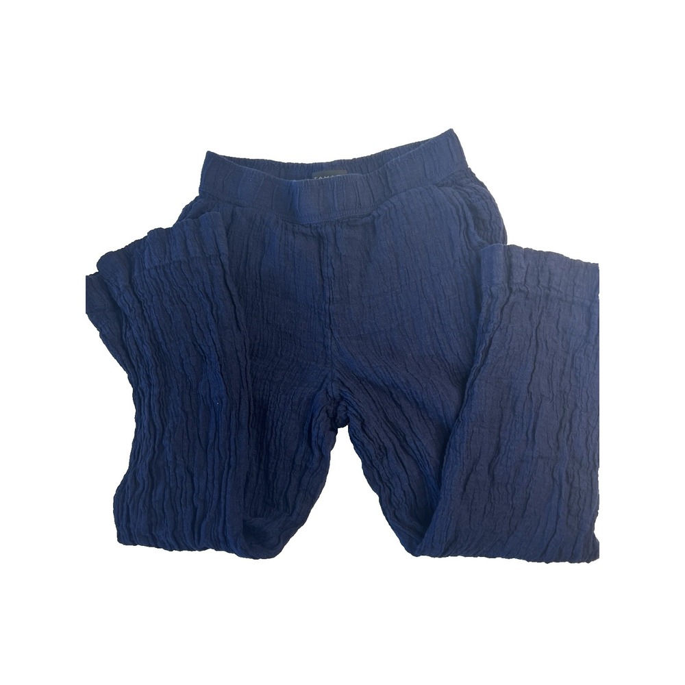 Tahari 100% Linen Blue Crinkle Women M‎ Pull On Pant Gauze Resort Summer Comfort
